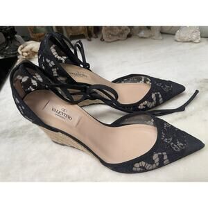 VALENTINO GARAVANI Black Lace Ankle Bow Straps Pointy Toe Espadrilles 38 unique